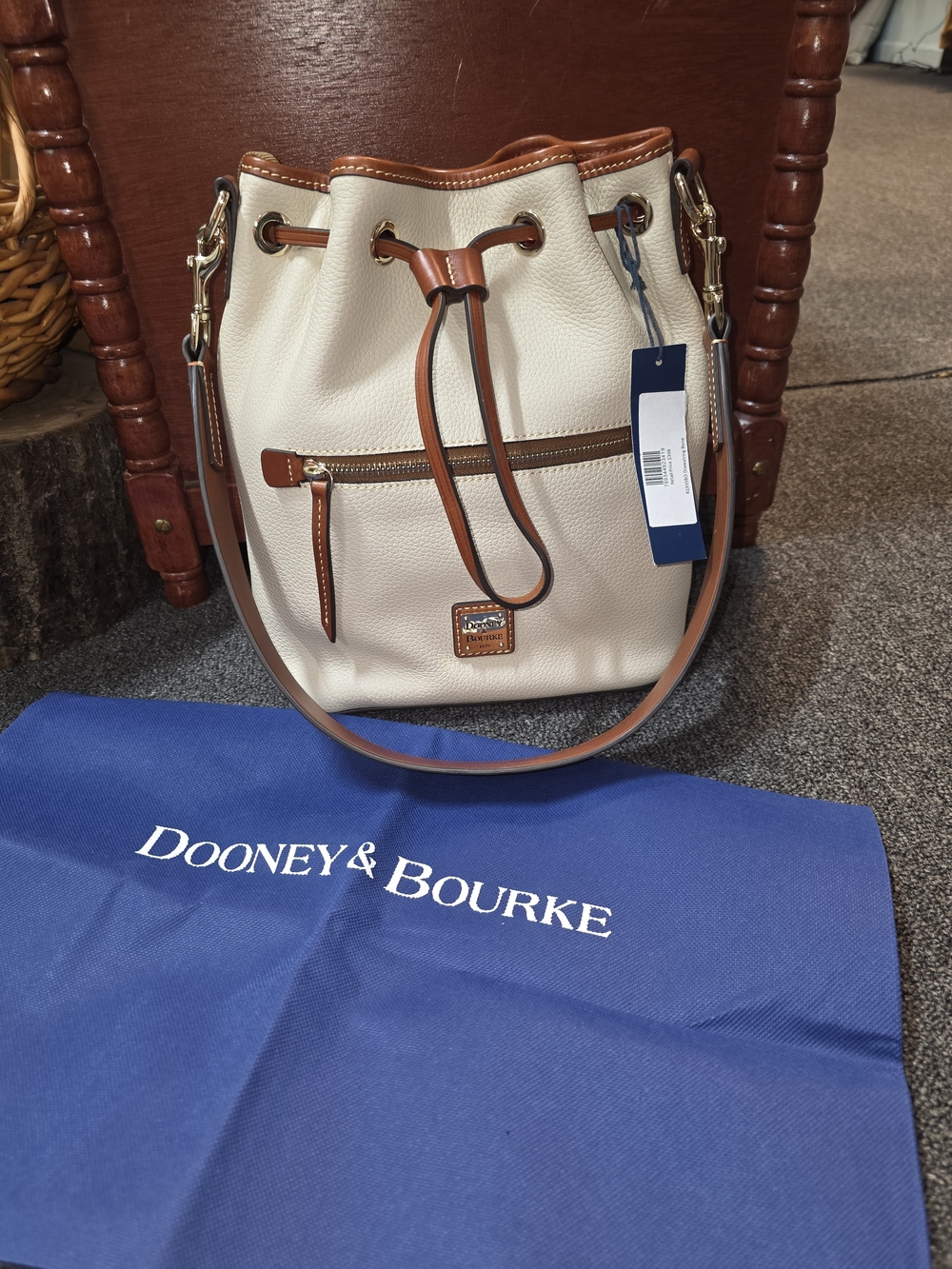 NWT Dooney & Bourke Cream Drawstring Bucket Bag Pebble Leather/ Brown Trim